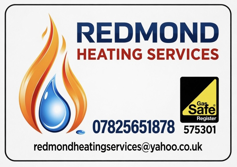 Redmond Heating Services business card displaying company logo, contact number, email address and Gas Safe registration details.
