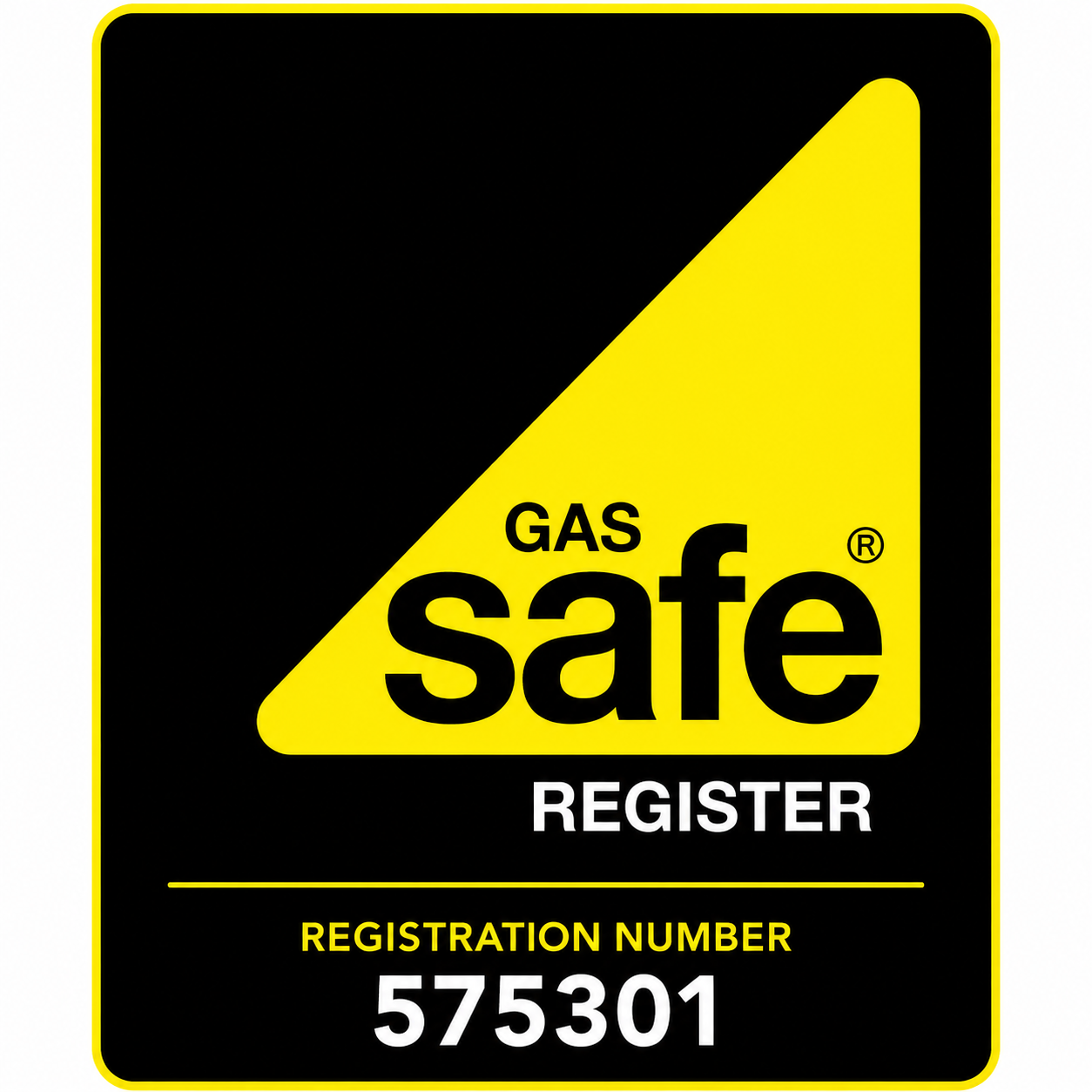 Gas Safe Register badge displaying registration number 575301, confirming Gas Safe registered engineer status.