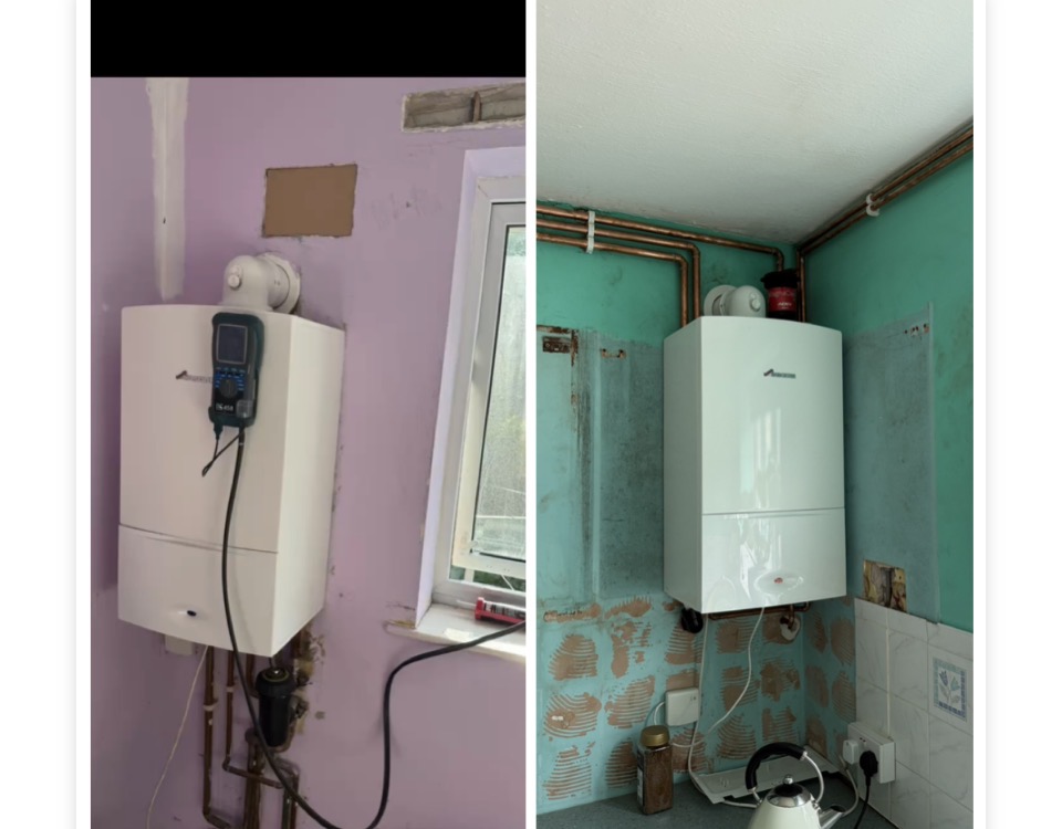 Before and after Worcester Bosch boiler relocation showing the boiler moved to a new position within the property.