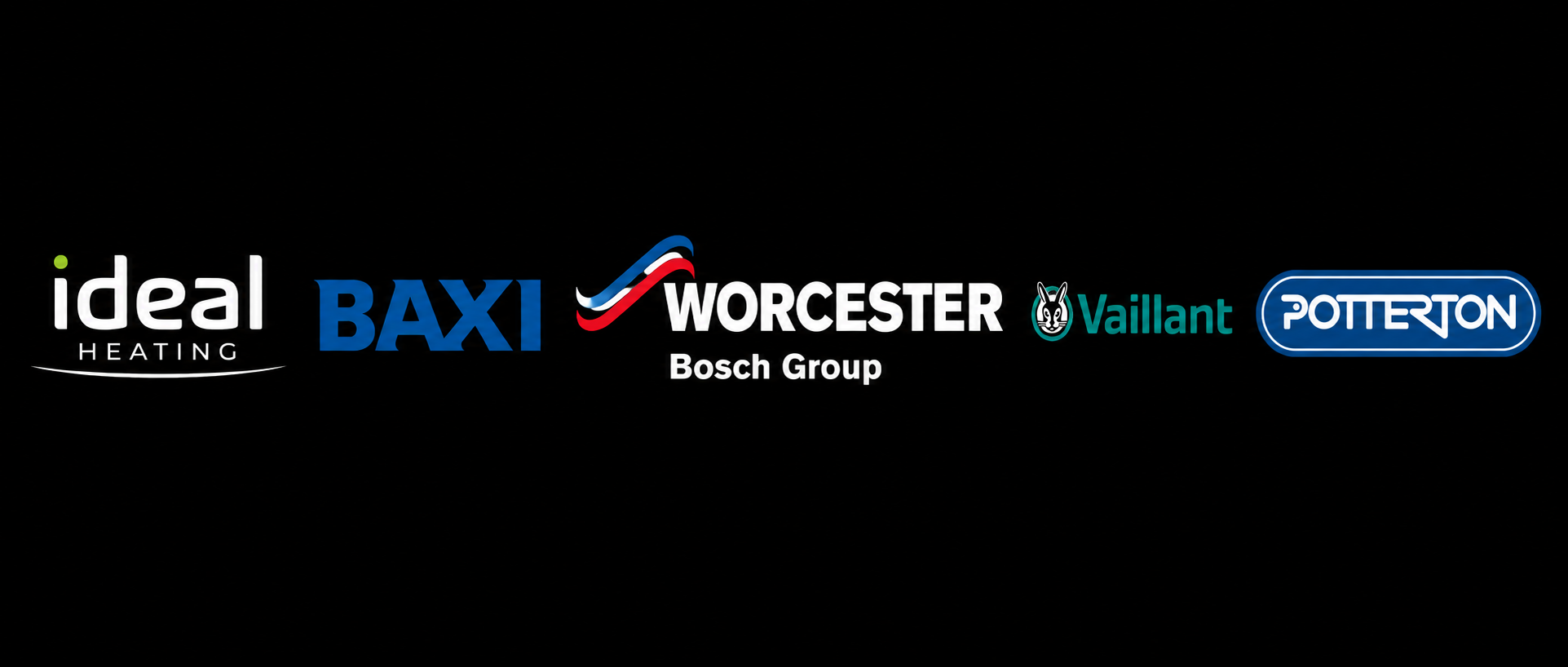 Logos of Ideal Heating, Baxi, Worcester Bosch, Vaillant, and Potterton displayed on a black background, highlighting trusted boiler brands installed by Redmond Heating Services.