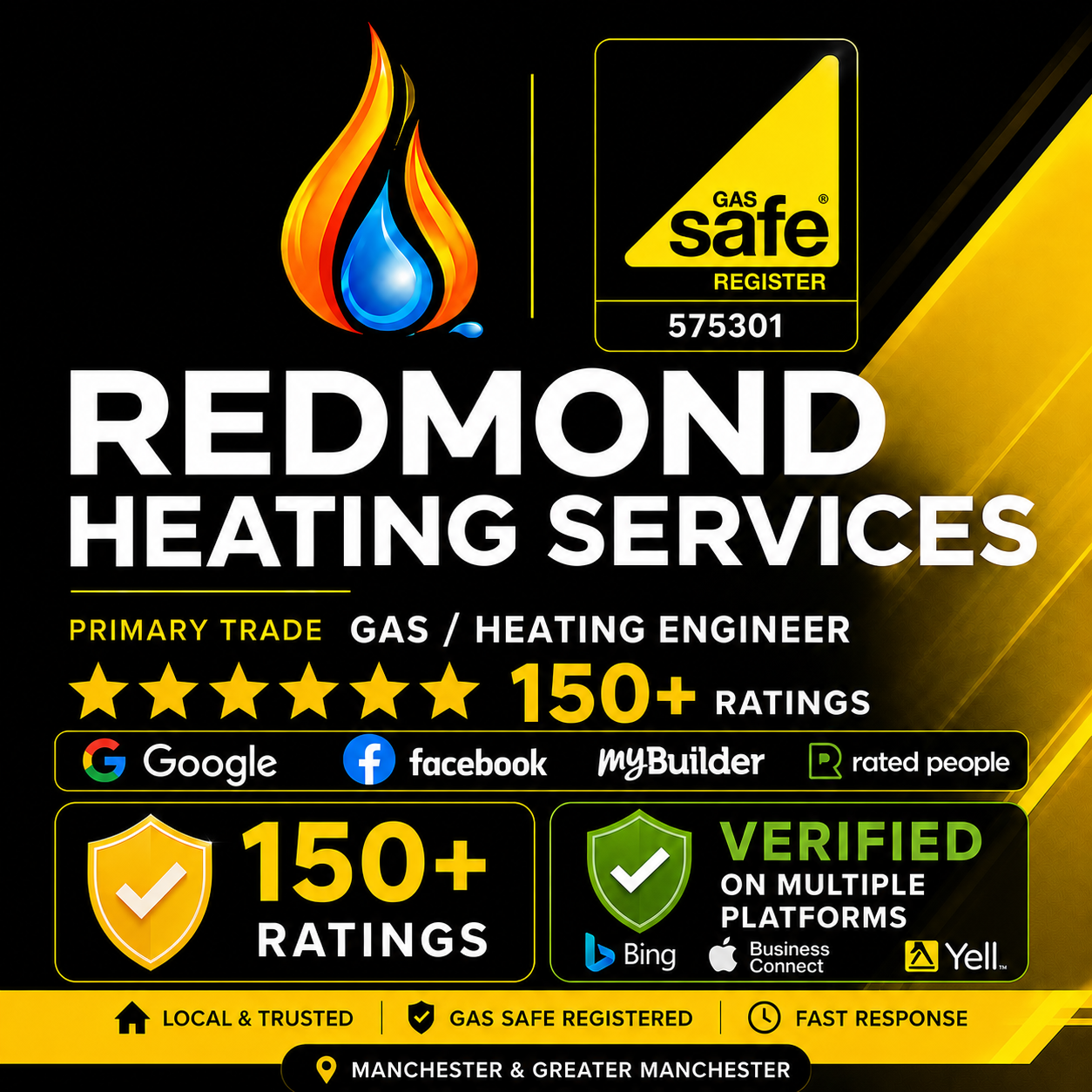 Redmond Heating Services promotional graphic featuring Gas Safe registration number 575301, 150+ customer ratings, verified on multiple platforms, and logos for Google, Facebook, MyBuilder, Rated People, Bing, Apple Business Connect, and Yell. Serving Manchester and Greater Manchester.
